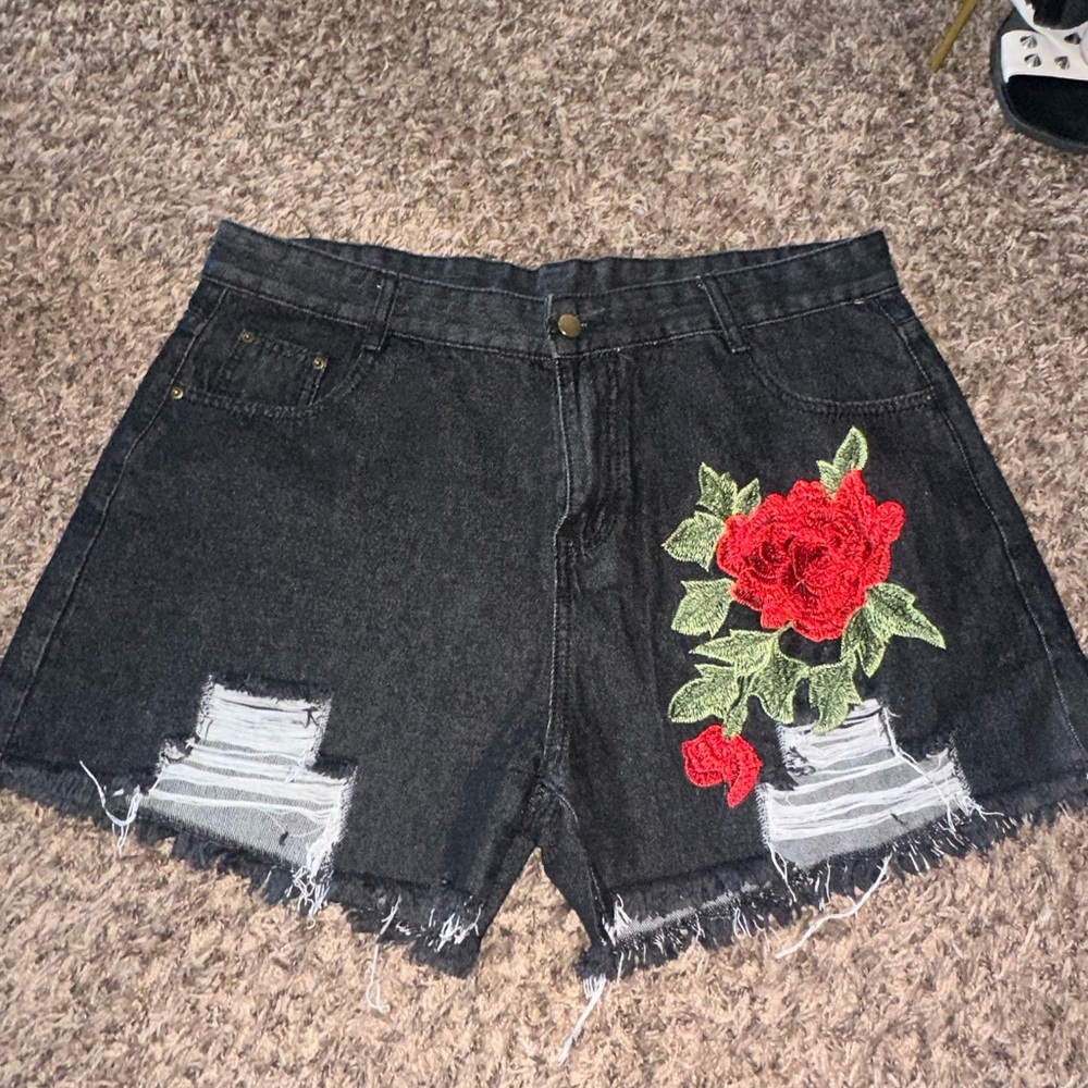 SHEIN Black and Red Jean Shorts Distressed Frayed Hem